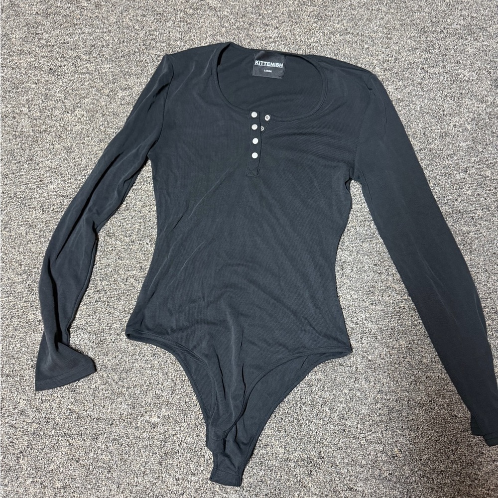 Kittenish Black Long-Sleeve Henley Bodysuit